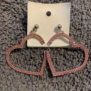 New Free People Rhinestone Open Heart Hoop Earrings Silver Tone Pink Pave Dangle